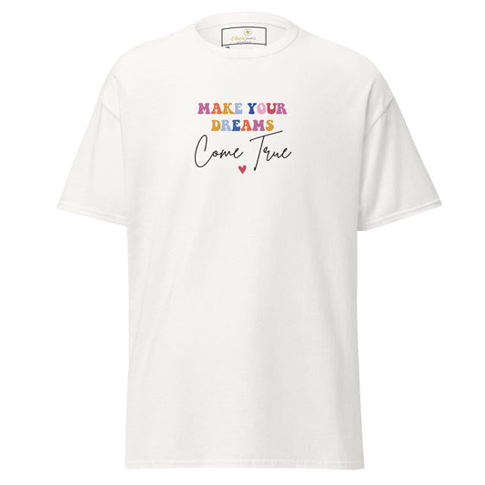 White t-shirt with colorful text.