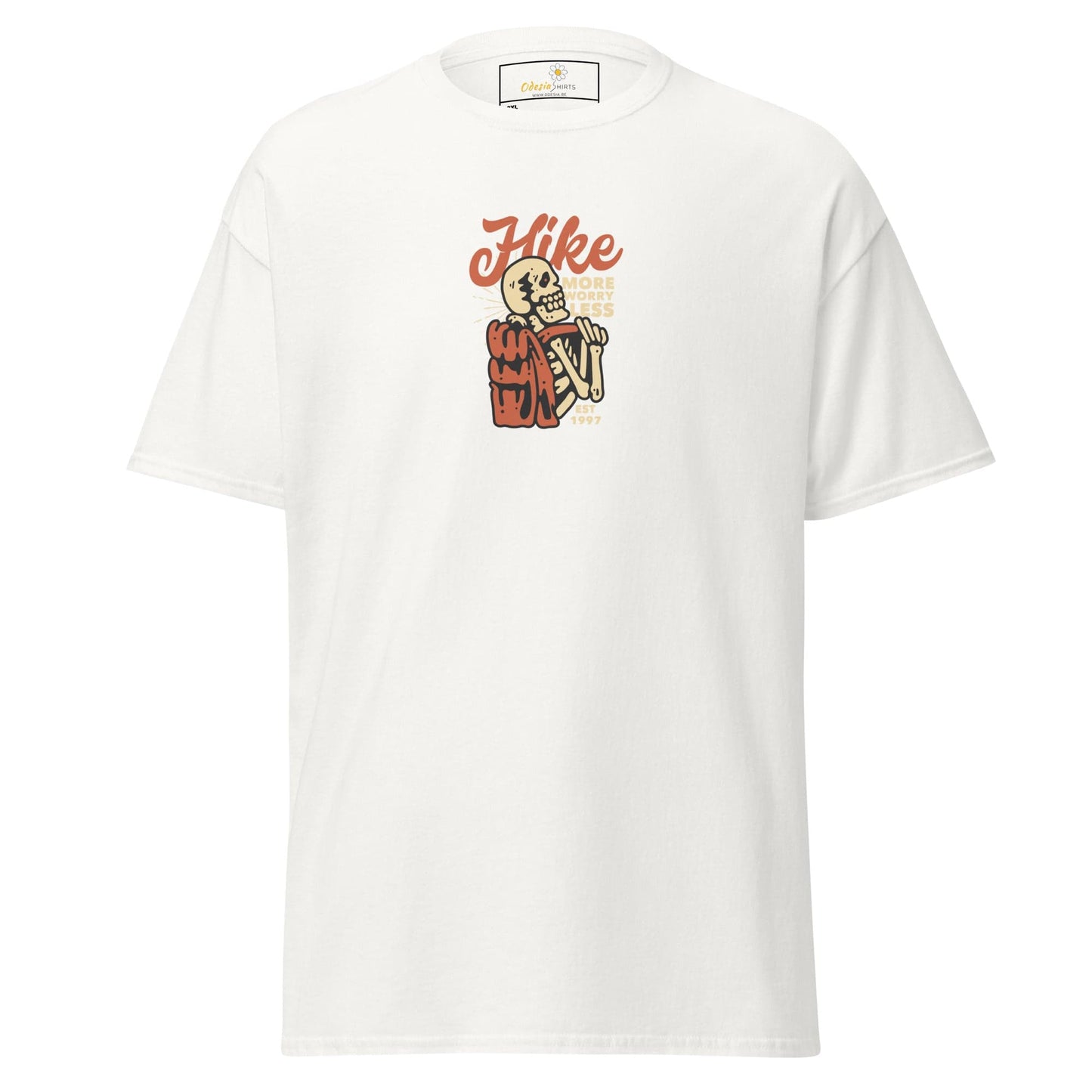 White t-shirt with skeleton hiker graphic.