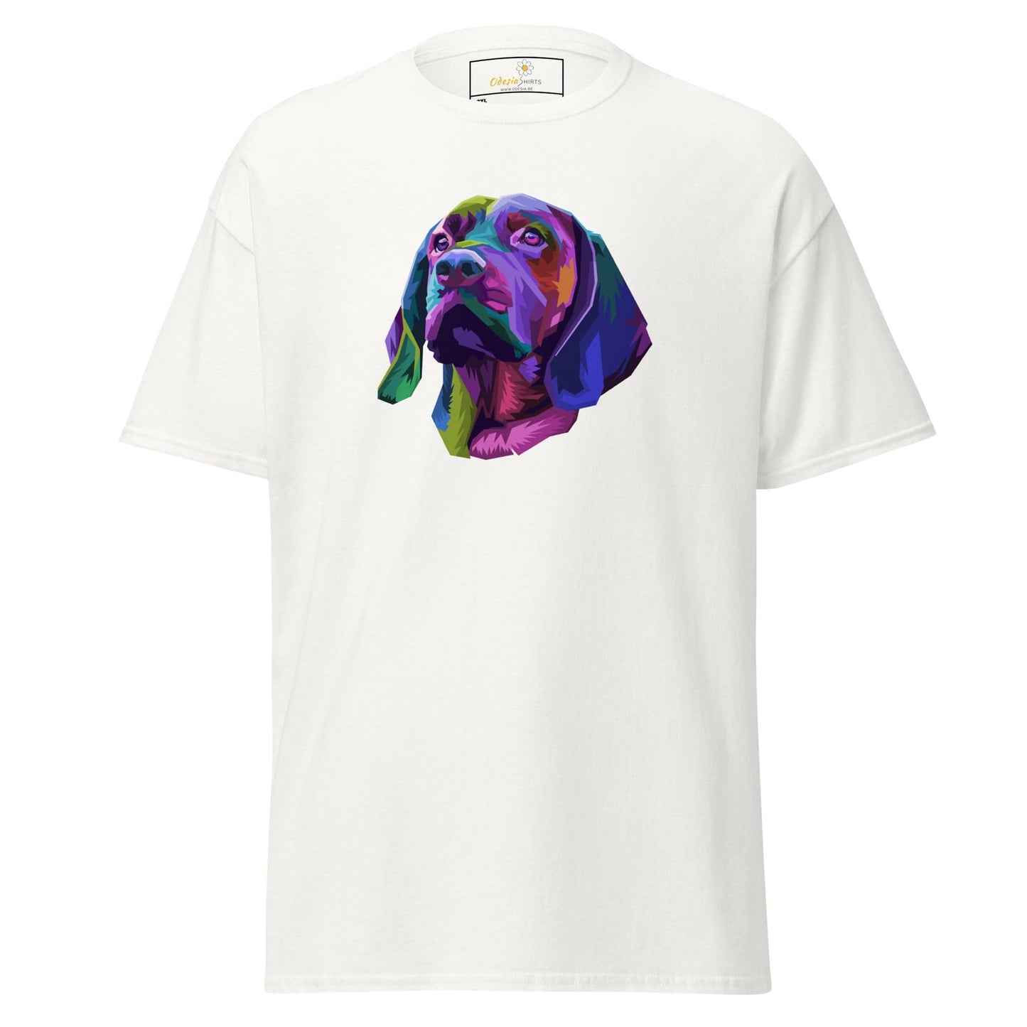 White T-shirt with colorful dog graphic for Men and Women in sizes 2XL to 5XL